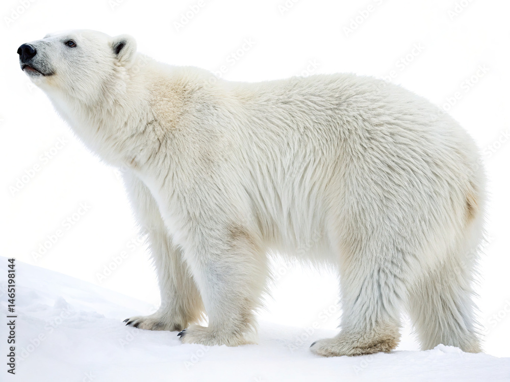 A majestic polar bear stands on a snowdrift against a stark white background, its thick fur and powerful stance captured in detail. A majestic polar bear stands on a snowdrift against a stark white background, its thick fur and powerful stance captured in detail.