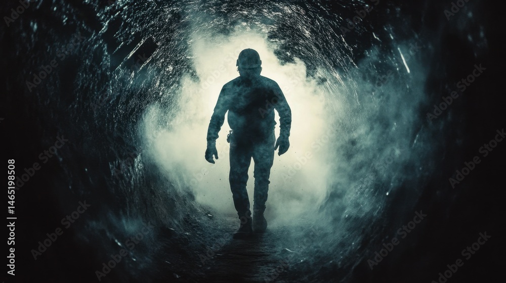 A coal miner emerging from a dark tunnel covered in dust. A coal miner emerging from a dark tunnel covered in dust.