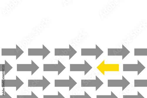 Yellow arrow pointing left among gray arrows on a transparent background