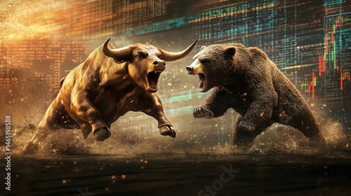 A bull and bear fighting with a stock market graph background
