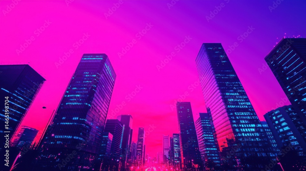 Obraz premium Vibrant City Skyline at Dusk with Neon Lights and Colorful Skies
