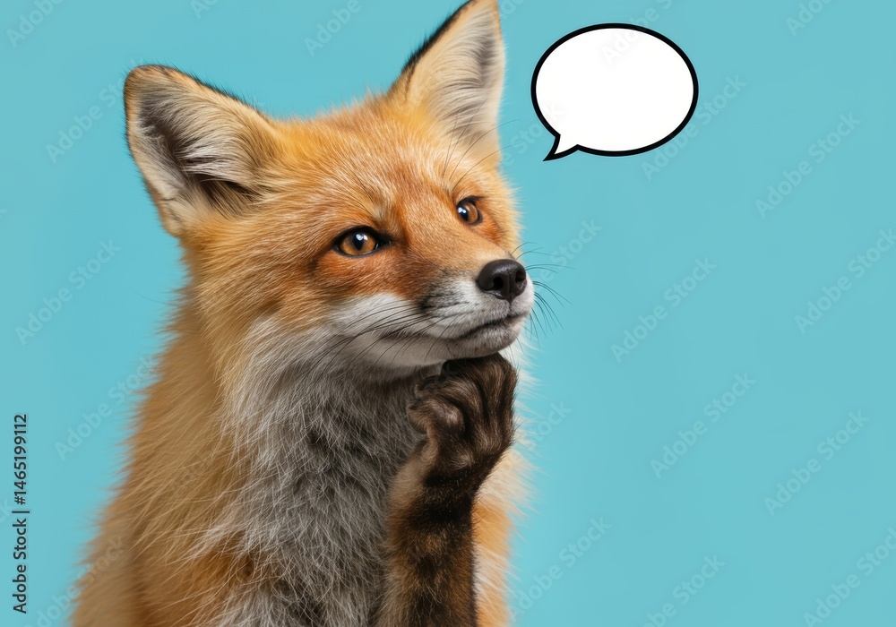 Fototapeta premium Pensive fox pondering thoughts, isolated on vibrant blue backdrop, speech bubble