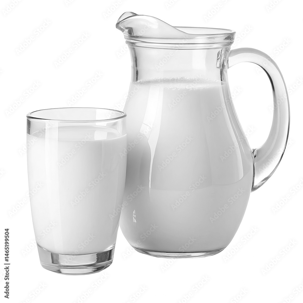 jug of milk, glass of milk isolated on white background jug of milk, glass of milk isolated on white background