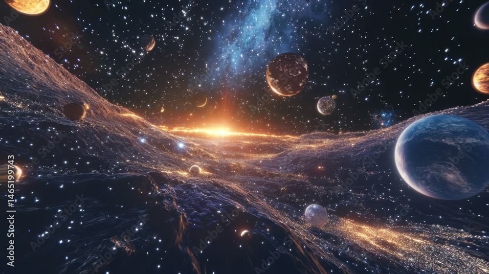 Obraz premium A fully immersive VR galaxy map where users can interact with stars and planets.