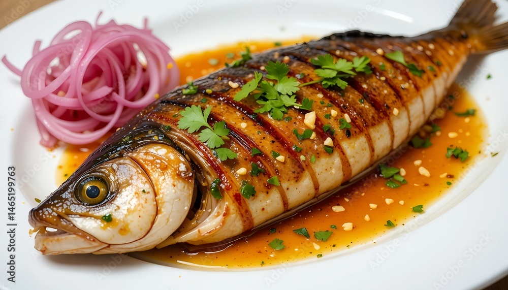 Grilled mackerel with chili lime marinade, fresh coriander, and pickled red onion Grilled mackerel with chili lime marinade, fresh coriander, and pickled red onion