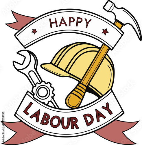 Happy Labour Day Banner with Tools and Hard Hat - Vector Emblem Illustration