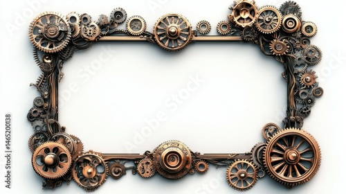 Intricately ornamented rectangular frame in steampunk style set against a pristine white background, adorned with gears, clockwork elements, rivets, and dials