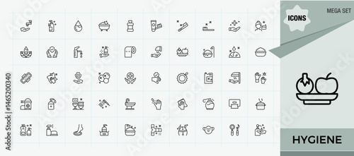 Set of Hygiene line icon. Featuring care, protect, bath, health, wash, medical and more. Minimalist editable vector stroke. Wash icon set. Vector illustration.