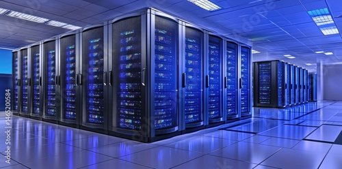 Digital server corridor with bright blue hues and symmetrical rows of machines, suitable for internet hosting, data management, and cloud services concepts photo