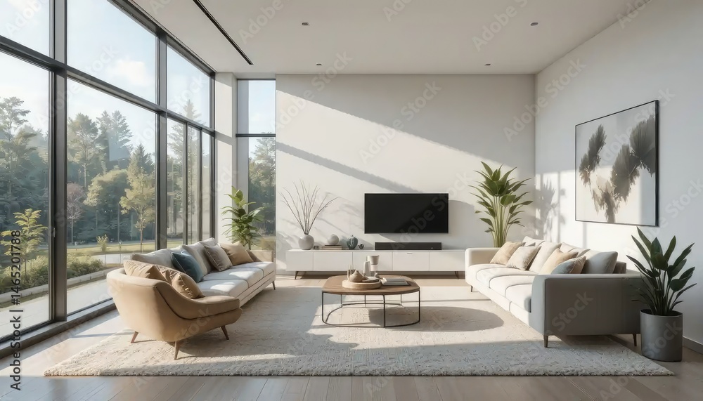 Fototapeta premium Modern Living Room Design with Panoramic Window Views