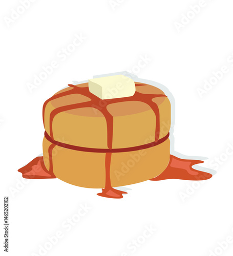  a stack of pancakes topped with butter and dripping maple syrup.