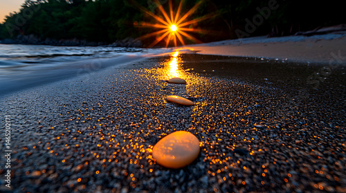 Sunset Shoreline With Wet Sand and Light Reflection