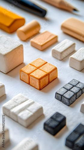 Surreal Art Sketches Flatlay: Orange and Gray Blocks Composition