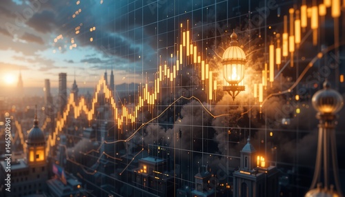 Illuminated Cityscape Overlaid with Financial Charts