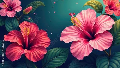 Bold, graphic hibiscus blooms, vibrant tropical wallpaper, wallpaper, summer