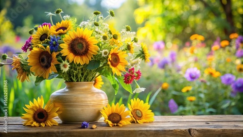 Fototapeta Naklejka Na Ścianę i Meble -  Colorful sunflower blooms in a delicate ceramic vase atop a rustic garden table amidst lush greenery and vibrant wildflowers, outdoor decor, summer flowers