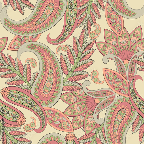 Paisley and ethnic flowers seamless vector pattern. floral vintage background