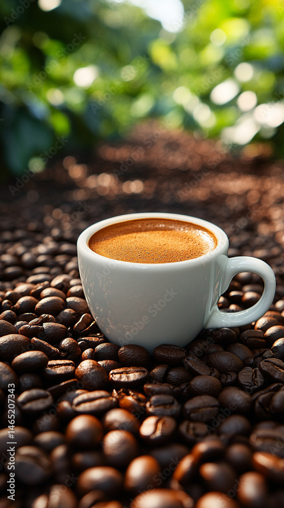 Fototapeta premium Modern cup of coffee with scattered beans set against a scenic coffee field, offering ample copy space. Symbolizes freshness, origin, and the journey from farm to cup in a minimalist vertical layout.