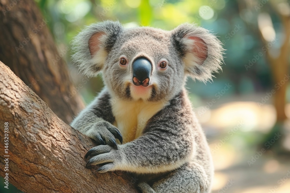 Fototapeta premium Koala clings to a tree branch, nature view