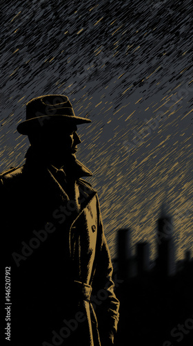 Comic style detective lineament in a trench coat, framed by a showery city backdrop.