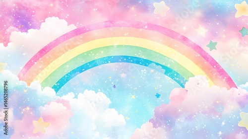 Pastel rainbow adorned with clouds and stars.