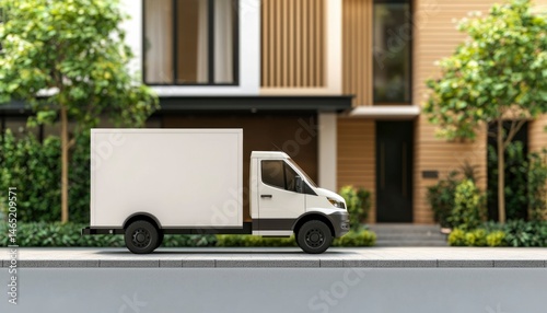 Delivery van in front of modern homes