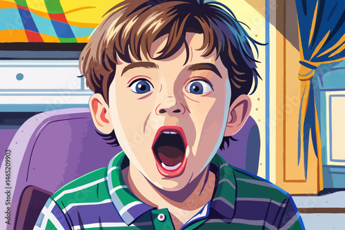young boy with a surprised expression and mouth open, capturing childhood emotion, wonder, and spontaneous reaction. Ideal for concepts of curiosity, excitement, and genuine feelings