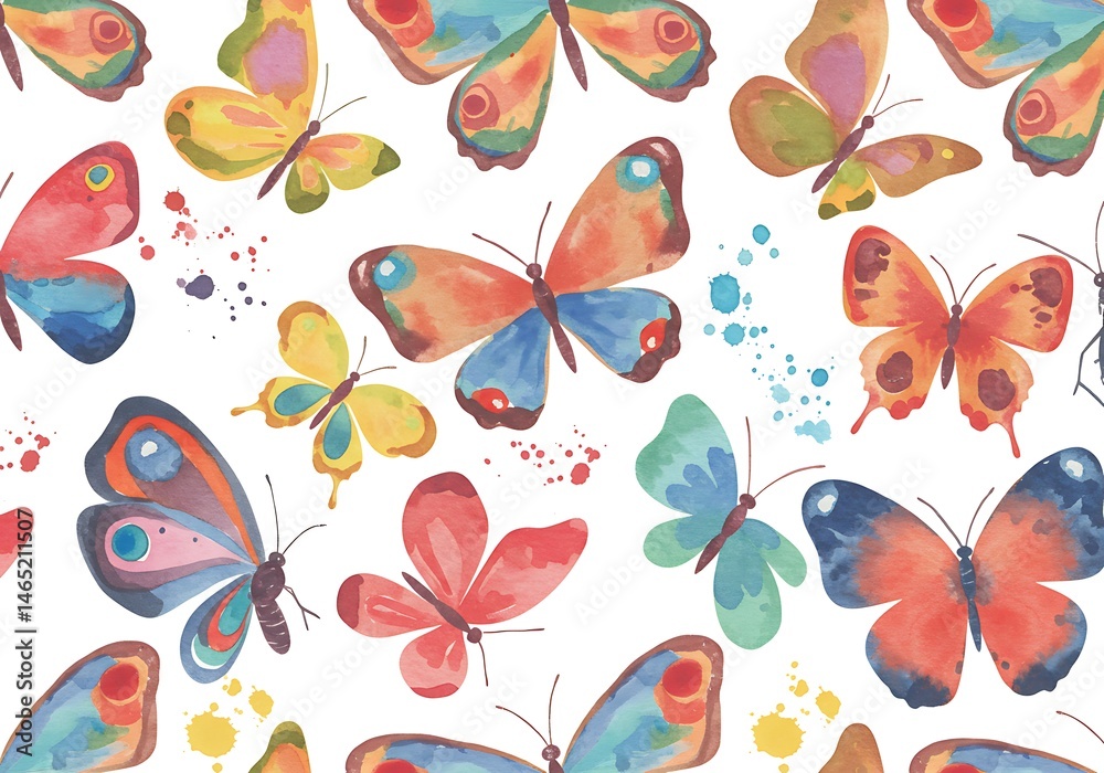 Obraz premium Watercolor Butterfly Seamless Pattern: Colorful Spring Design