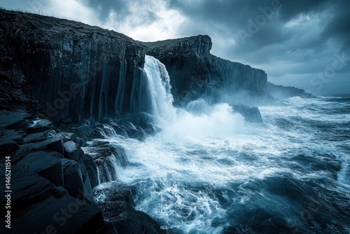 Dramatic coastal scene featuring a waterfall cascading into turbulent ocean waves under moody skies