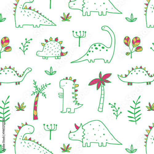 Cute dinosaur vector print for kids. Vector print with cartoon dinosaur. Cute Dino pastel print for party decor. Seamless pattern
