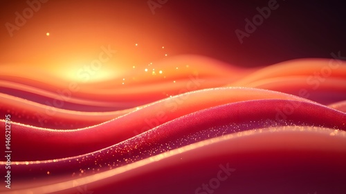 Amesmerizingdigital-artimagewithundulating,glowingredandpinkwaves.Specksoflightaddatouchofmagic,andawarm,radiantlightinthebackgroundenhancesthedreamy,etherealatmosphere. photo