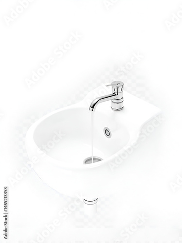 A side view of a white sink with a water tap. The plumbing of construction details, including a chrome pipes and siphon, isolated on a transparent background. PNG. 3d illustration.