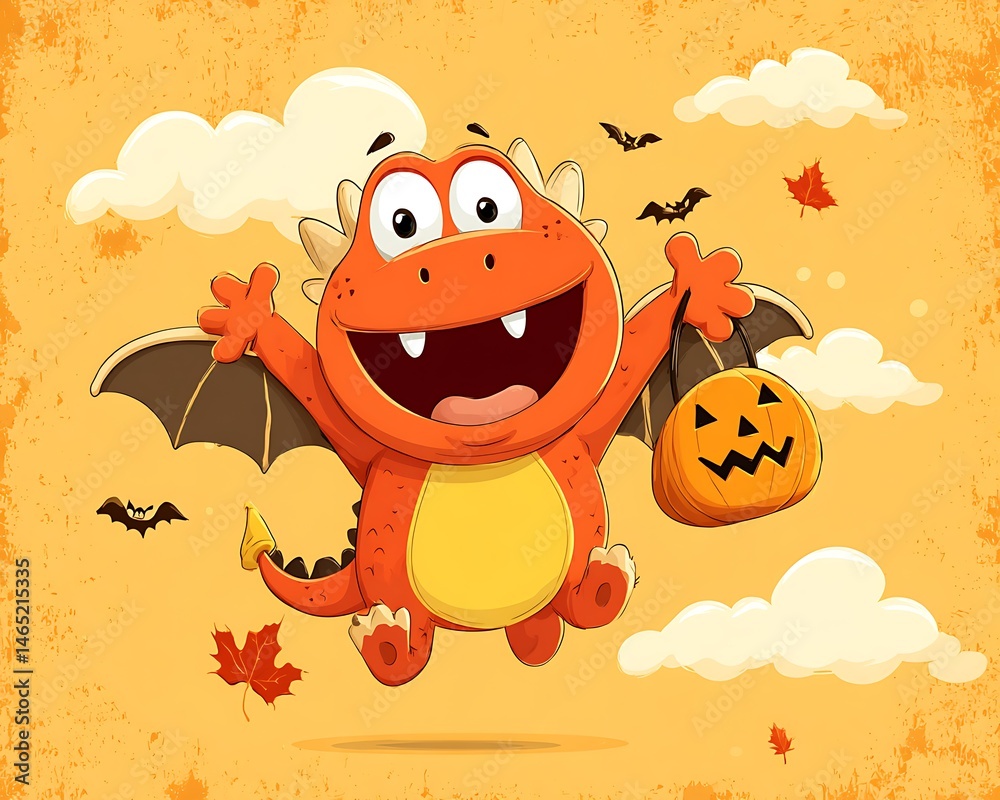 Naklejka premium Cute dragon with Halloween pumpkin