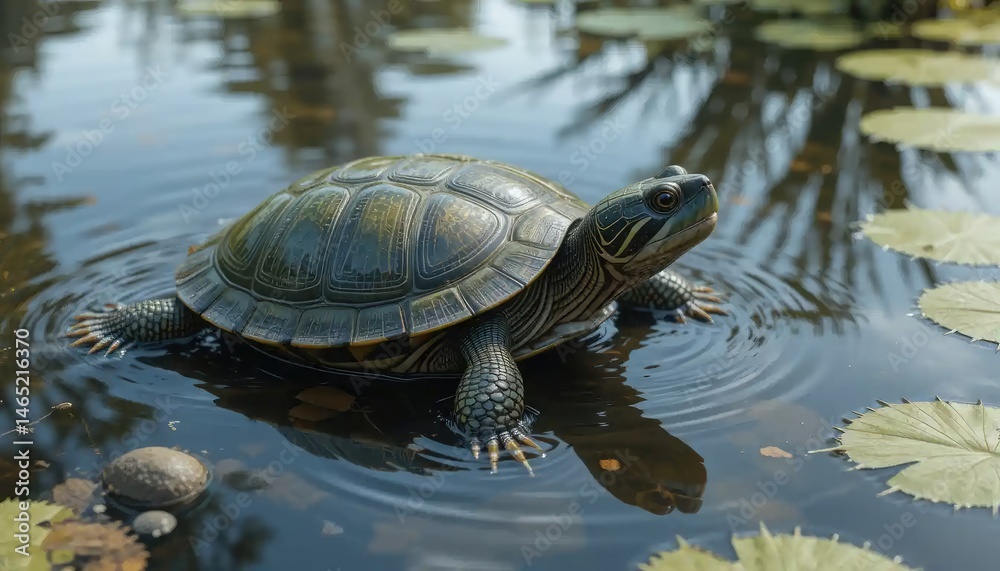 Fototapeta premium Serene Turtle in a Tranquil Pond: A Glimpse of Nature's Peace