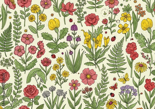 Hand-drawn Floral Pattern: Butterflies, Ladybugs & Wildflowers