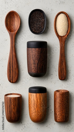Top View of Wooden Spoons Grains and Spice Containers on Light Gray Speckled Background