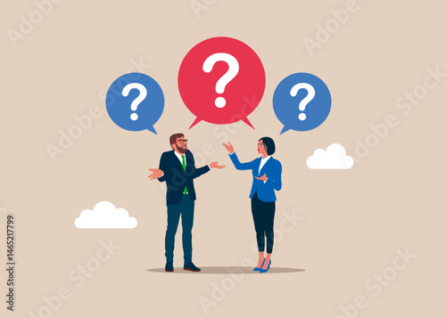 Working problem. Symbol of misunderstanding, negotiation problems, miscommunication, argument. Business people thinking and asking questions. Modern flat vector illustration.