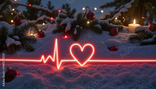 Glowing Heart-Shaped ECG Line on Snow with Christmas Ornaments, Holiday and Lifeline Concept