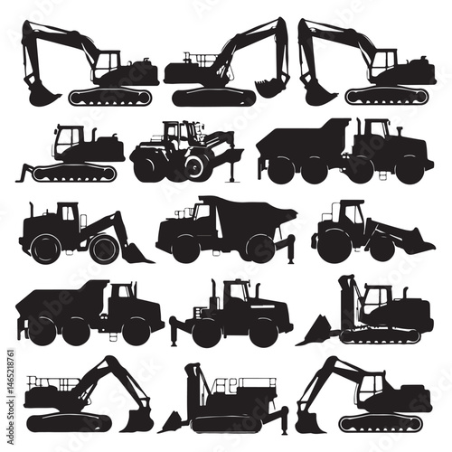 Heavy Equipment Silhouettes: A collection of detailed silhouettes of heavy construction equipment, including excavators, bulldozers, dump trucks, and wheel loaders.