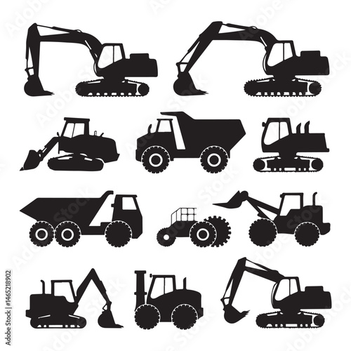 Wallpaper Mural Construction Equipment Silhouettes: Diverse array of construction machinery, showcasing powerful silhouettes of excavators, dump trucks, bulldozers. Torontodigital.ca