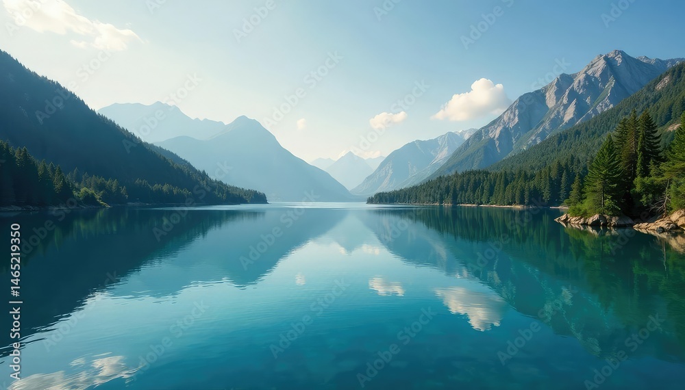 Fototapeta premium Distinctive shoreline, irregular outline shapes mirroring in the water, outdoor, picturesque