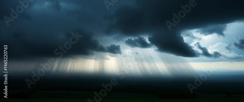 Dark, stormy sky; torrential rain obscures a misty horizon, long shadows stretch across the ground,  environment,  dramatic lighting