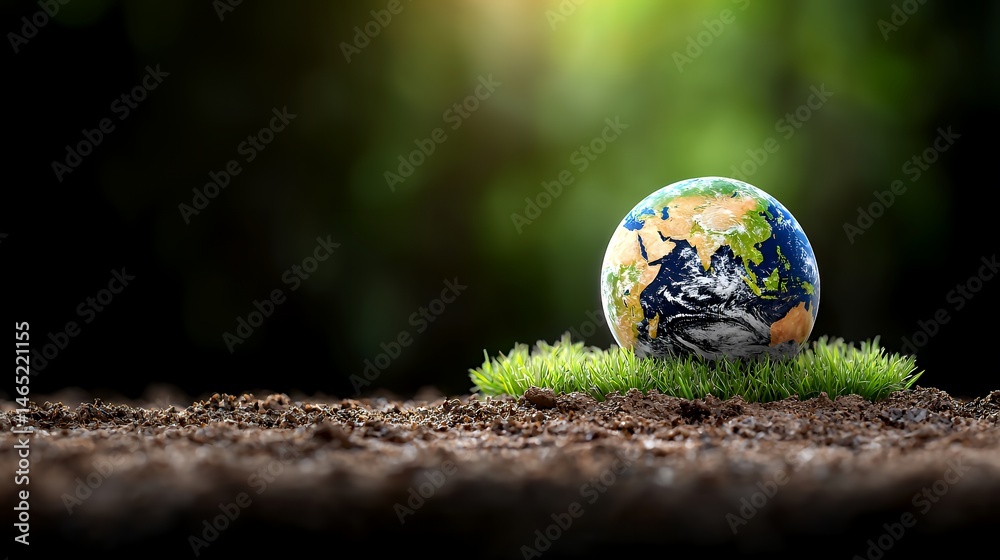 Earth Globe on Green Grass in Soil Environmental Concept Earth Globe on Green Grass in Soil Environmental Concept