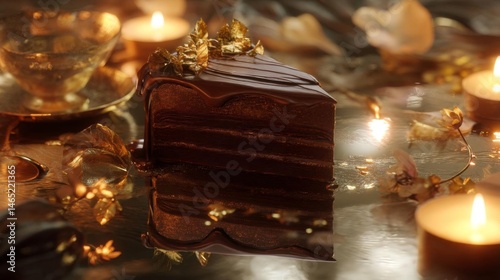 Indulgent Chocolate Cake Slice Adorned With Glossy Ganache and Elegant Garnishes