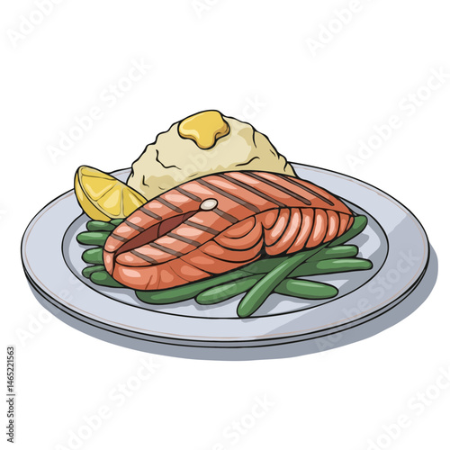 Healthy and Delicious Plate Featuring Cooked Salmon Fillet and Vegetable Sides

