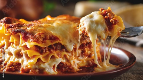 Silky Layered Lasagna With Bubbling Cheese Served on a Rustic Table