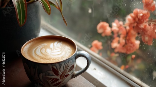 Smooth Latte With Intricate Foam Displayed in a Ceramic Cup Near Blooming Flowers by the Window