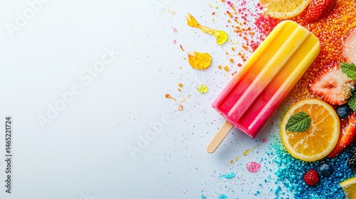 Refreshing Vibrant Fruit Popsicles Summer Backyard Food Photography Colorful Setting Overhead View Sweet Treats