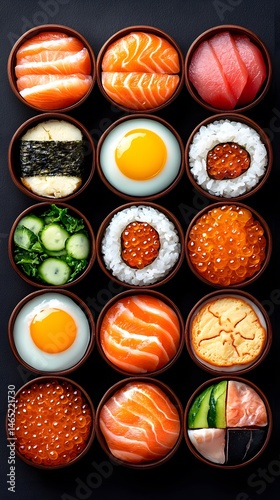 Variety of Sushi in Wooden Cups on Dark Background