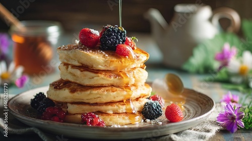 Fluffy Pancakes Stacked High With Maple Syrup and Fresh Berries on a Rustic Table